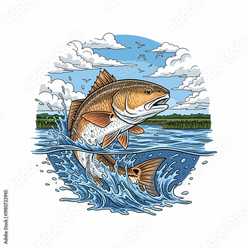 Redfish Red drum fish jumping out of water in a marsh landscape illustration