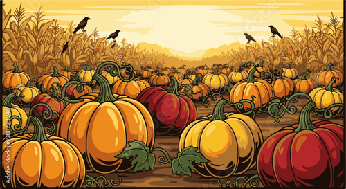 Vibrant autumn pumpkin patch with crows perched amidst corn stalks at sunset