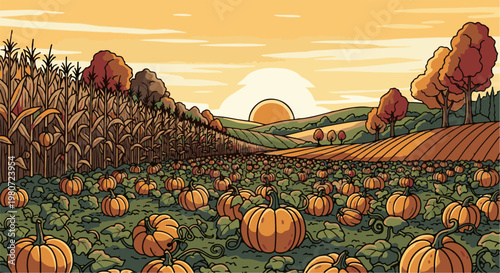 Pixelated autumn scene with a vast pumpkin patch under a warm sunset