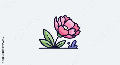 A stylized pink flower with green leaves and a splash of purple on a white background