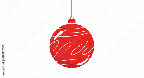 A bright red, decorative spherical ornament with thin white wavy stripes