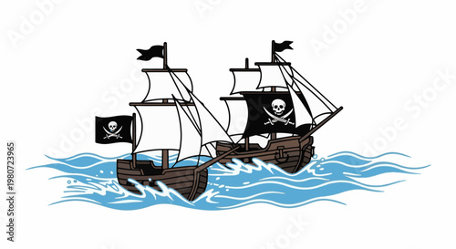 Two pirate ships sail on wavy blue seas under flags with skulls and crossbones