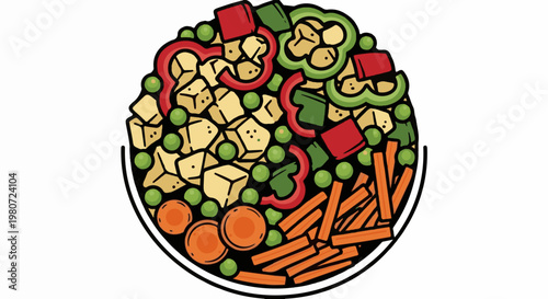 A close-up artistic illustration of a round bowl filled with chopped vegetables and peas