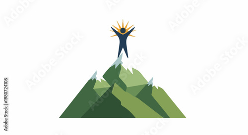 A person with arms raised triumphantly stands atop a mountain peak