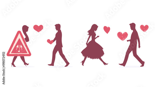 Silhouettes representing relationships, featuring people and hearts on white background