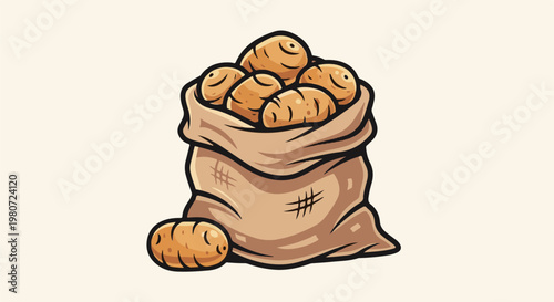 Full sack of fresh potatoes with one potato on the side