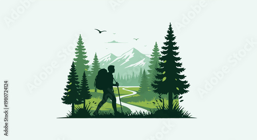 Hiker with backpack and trekking pole walks along a winding path in a forest