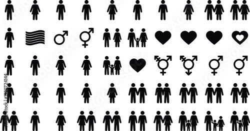 Diverse collection of stick figure pictograms represents various relationship dynamics and gender symbols.