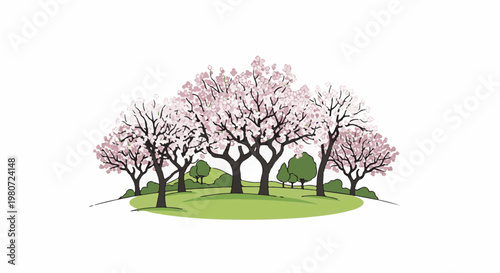 Blooming trees with pink blossoms and green foliage on a grassy hill