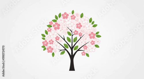Stylized tree with pink and white blossoms and green leaves against a white background