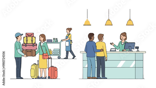 Arrivals and Services at Hospitality: Depicting a scene of hospitality, the image showcases a series of activities from handling luggage to checking in with reception.