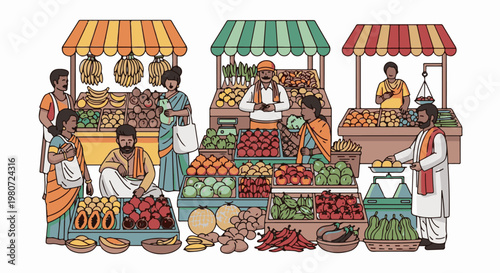 Diverse shoppers and vendors gather at bustling outdoor market stalls overflowing with fresh produce