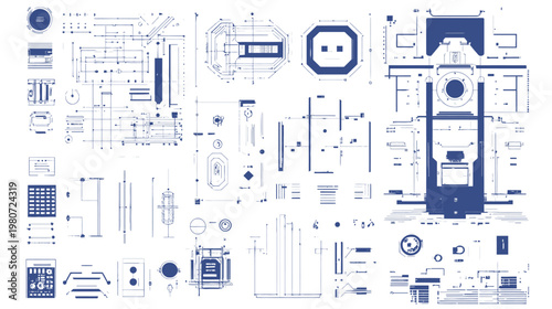 Abstract blueprint schematic featuring a collection of graphic line art elements, tech-inspired