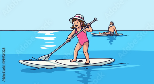 Cartoon image of a girl paddleboarding with a man in background
