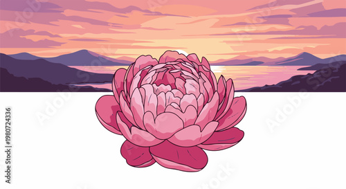 Pixel art peony flower with a sunset over a tranquil lake and mountains