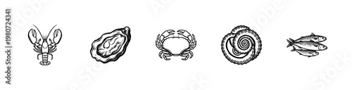 Seafood and Marine Life Collection with Hand-Drawn Ink Brush Strokes and Inky Painterly Style