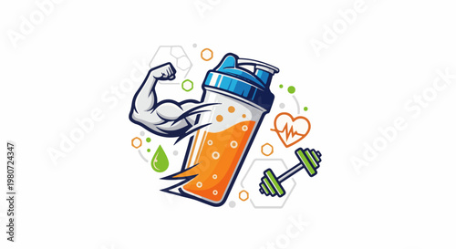 Muscular arm, shaker bottle with orange liquid, heartbeat, and dumbbell icons