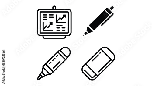 Business Essentials: A curated selection of key tools of the trade, essential for presenting and organizing information. Featuring a chart, pen, marker, and eraser.