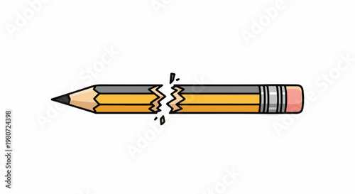 A yellow pencil with a gray band at the top and a pink eraser at the end is broken in two