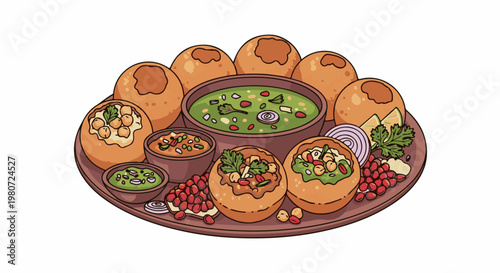 A colorful illustration of an Indian street food platter with pani puri and chutneys