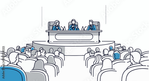 A panel of three people sit behind a table on a stage, facing an audience