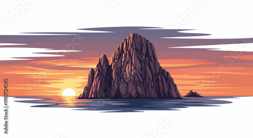 Pixelated sunset over a rocky island and calm ocean