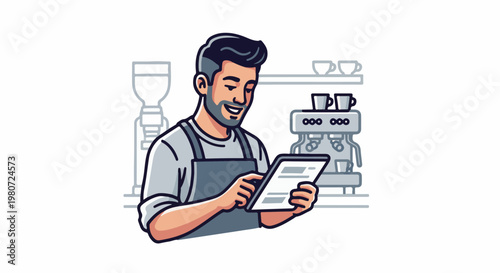 Smiling barista with beard and apron checks tablet by espresso machine