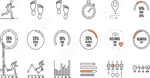 Fitness Tracking and Running Line Icon Set with Heart Rate Monitoring, Step Counter, Distance Metrics, Stopwatch Elements, and Health Activity Symbols in Minimal Outline Style.
