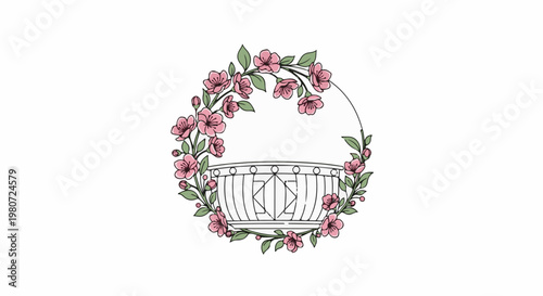 A decorative floral wreath encircles a sketched classical urn