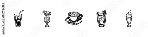 Beverages and Popular Drinks Assortment with Inky Brushwork and Hand-Drawn Painterly Aesthetic