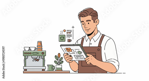 Barista uses tablet near espresso machine, cups, plant, and pitcher