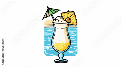 Tropical cocktail with pineapple and cherry, by pool