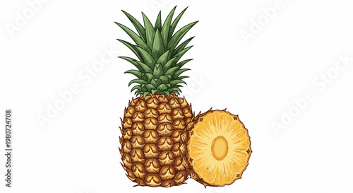 A whole and a half pineapple, one with green leafy crown, on white background