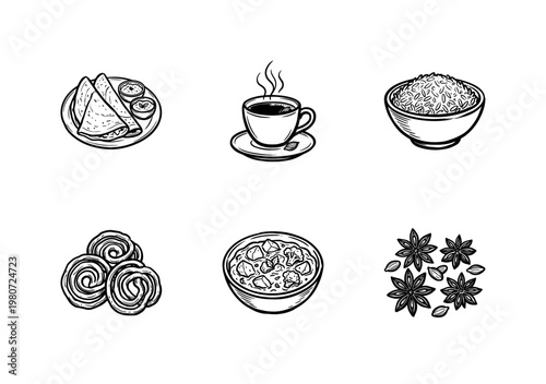 Indian Cuisine Food and Traditional Spices with Hand-Drawn Inky Brushwork and Fluid Painterly Aesthetic