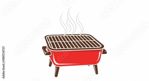 A bright red grill with a brown grate and wisps of steam rises upwards