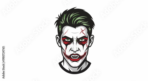 Stylized cartoon portrait of a man with green eyes and white face paint