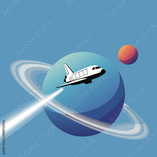 Futuristic Rocket Facing Outer Space with Planet and Rings Illustration
