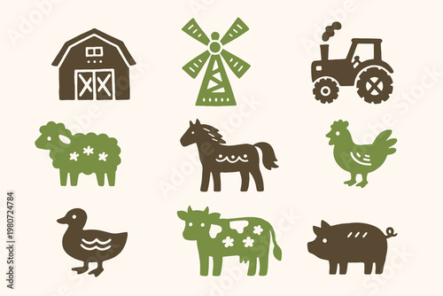 Farm animal set naive folk vector illustration