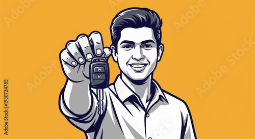 Happy young man holding car keys, offering them forward