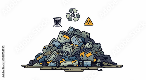 Pile of discarded batteries with recycling and biohazard symbols