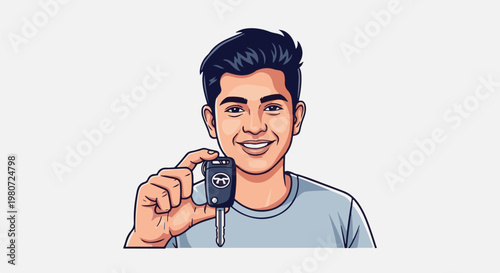 A young man with dark hair smiling and holding up a car key