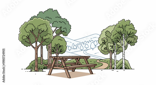 Picnic table set amidst a picturesque natural landscape with rolling hills and trees