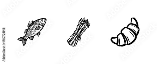 Food Ingredients and Kitchen Cooking Elements with Fluid Ink Brush Strokes and Hand-Drawn Painterly Style