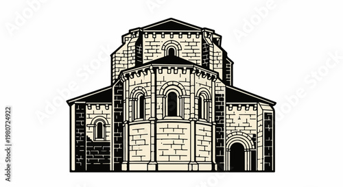Ornate Romanesque style building with arched windows and layered stonework