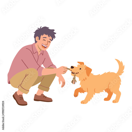 Man happily interacts with Golden Retriever dog outdoors with stick