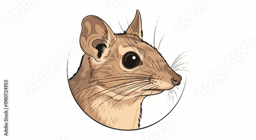 Detailed illustration of a small mammal's head in profile within a circle