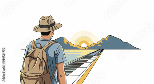 Man with backpack and hat looks at train tracks leading to sunlit mountains