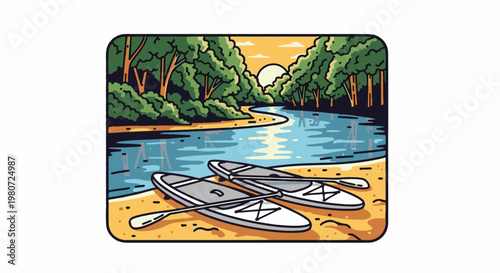 Two paddleboards and oars rest on a sandy beach by a tranquil river at sunset