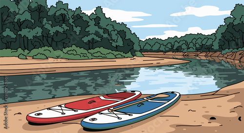 Two paddleboards rest on a sandy shore beside a calm river