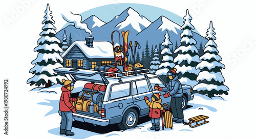 Family loads car for a winter ski trip near a cozy cabin
